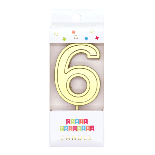 Gold number 6 decal candle by Party Partners, decorative candle with gold numeral design for celebrations and events.