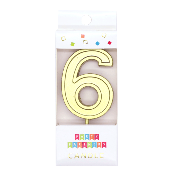 Gold number 6 decal candle by Party Partners, decorative candle with gold numeral design for celebrations and events.