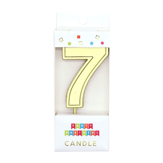 Gold number 7 decal candle from Party Partners, decorative candle with a shiny gold number for celebrations