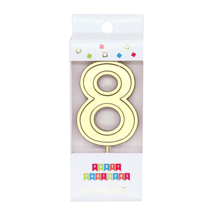 Gold number 8 decal candle from Party Partners, decorative candle with a gold number 8 design for celebrations.