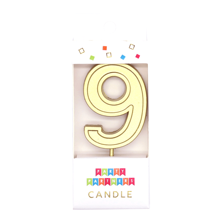 Gold number 9 candle decal from Party Partners, decorative candle with a shiny gold number 9 design for celebrations.