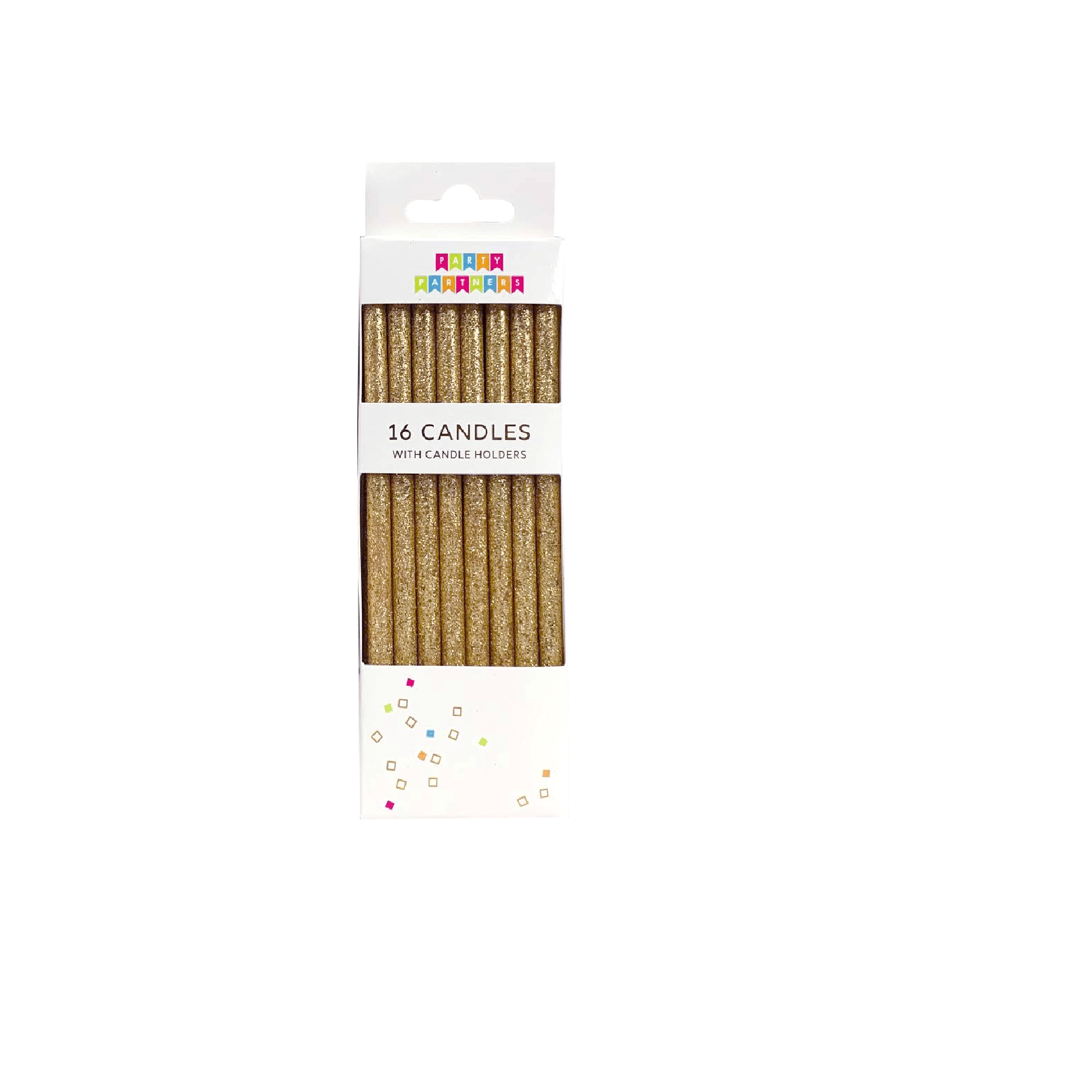 Tall solid gold glitter candles from Party Partners candle set, with a shiny, reflective surface and elegant design.