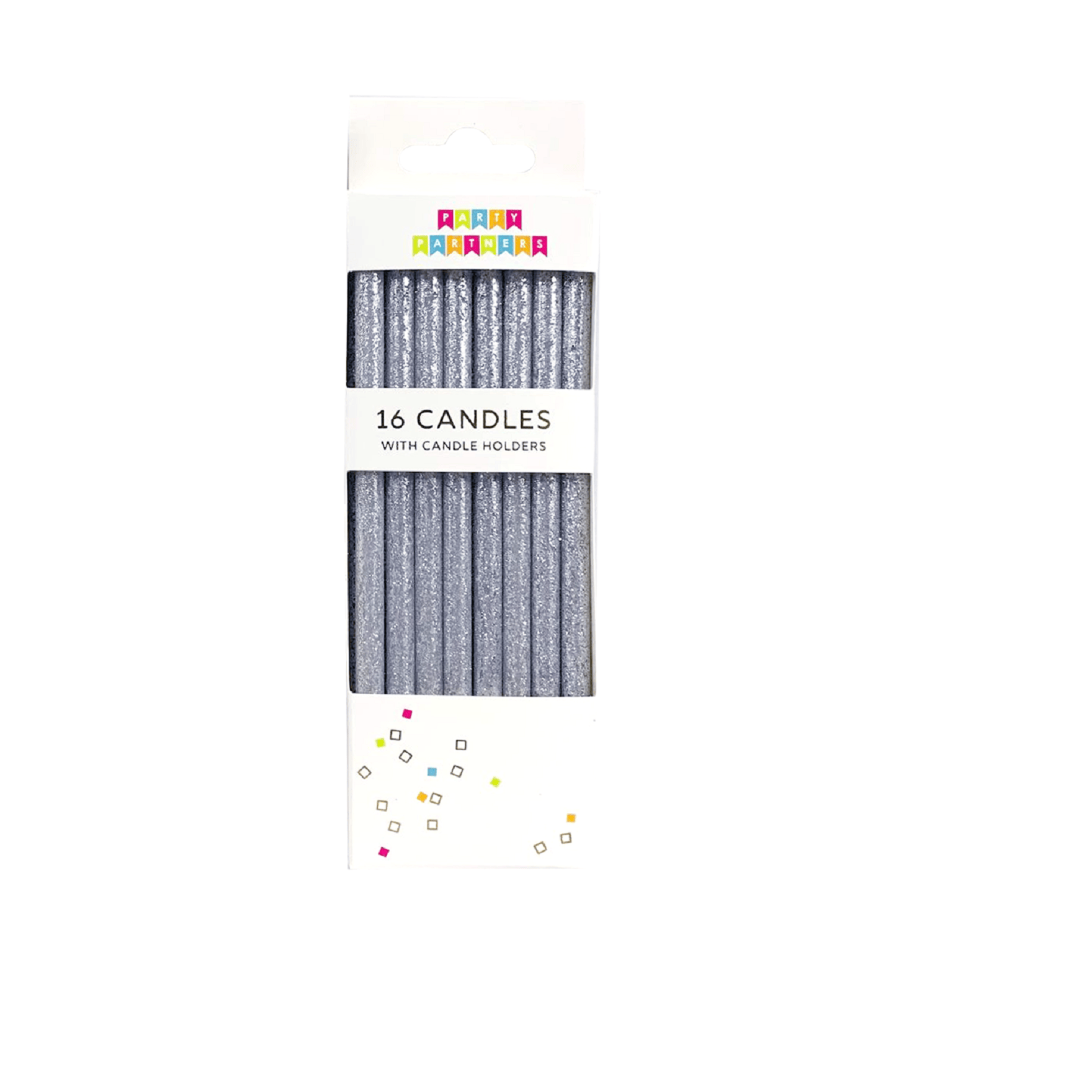 Set of tall silver glitter candles from Party Partners, featuring sleek, shiny candle design with a festive, elegant appearance.