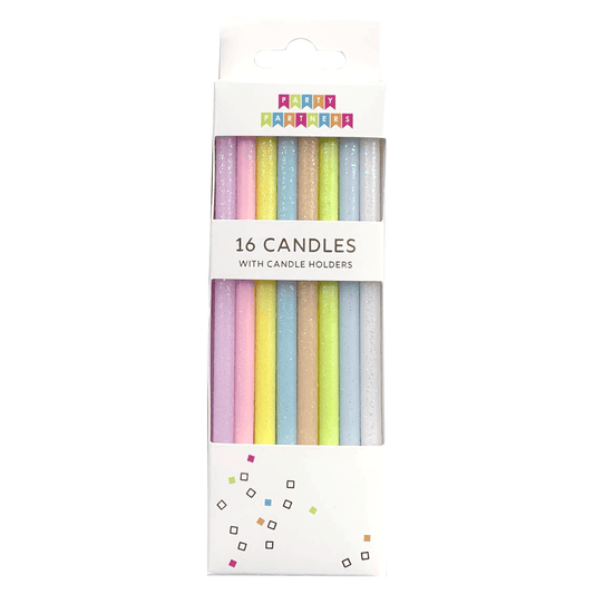 Set of tall pastel rainbow candles by Party Partners, featuring vibrant colors and smooth wax finish ready for decoration.