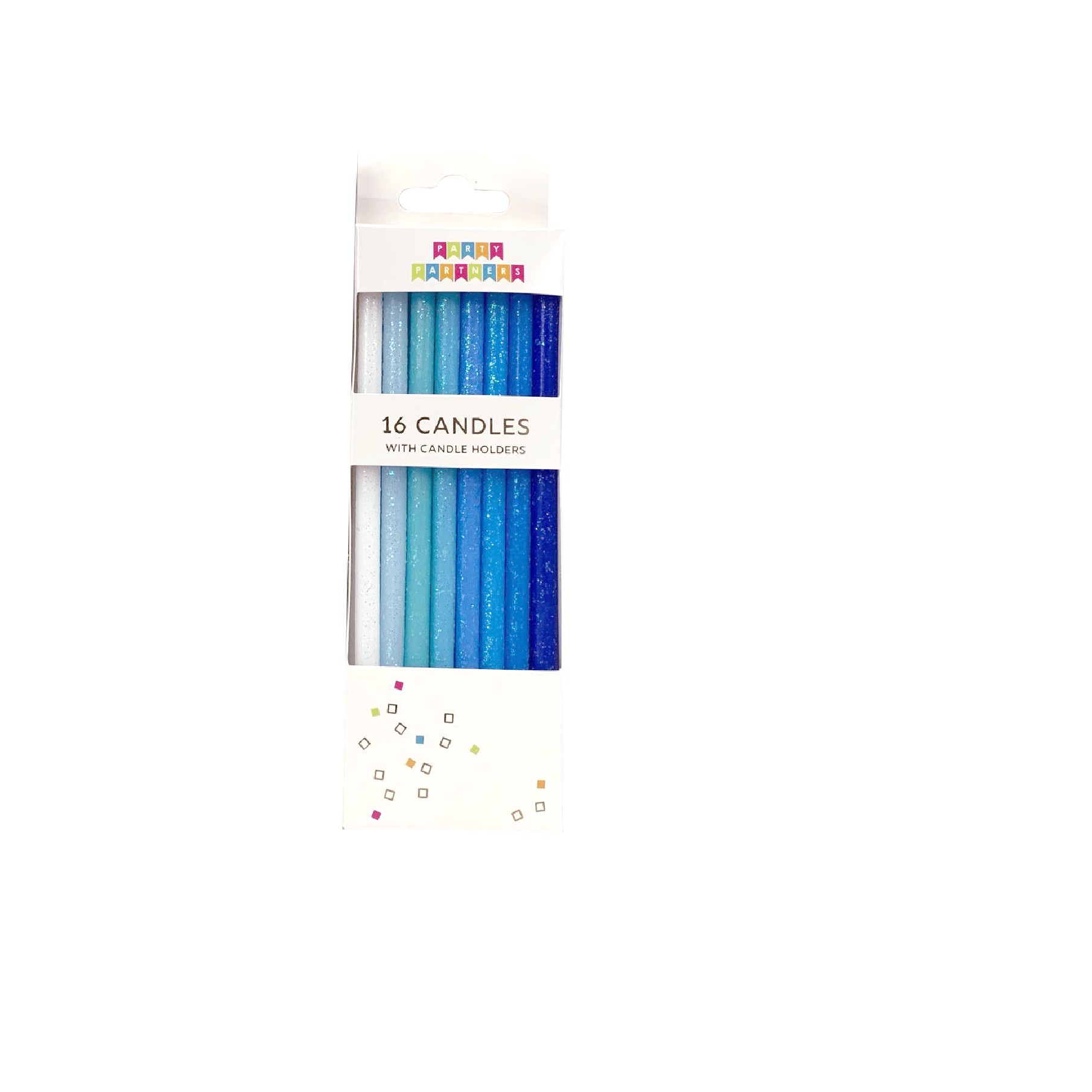 Tall blue gradient candles from Party Partners candle set, shown in a decorative arrangement with soft lighting.