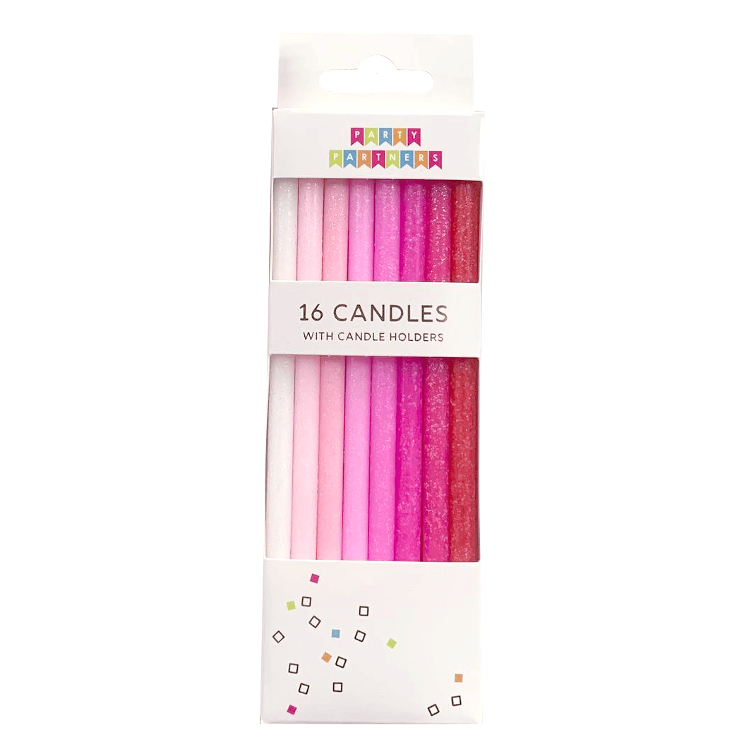 Tall pink gradient candles from Party Partners candle set, showcasing elegant tapered candle design in soft pink shades.