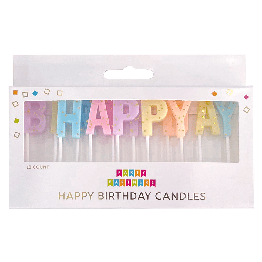 Set of bright birthday candles from Party Partners' Happy Bday Candle Set, featuring colorful candle sticks for celebration.