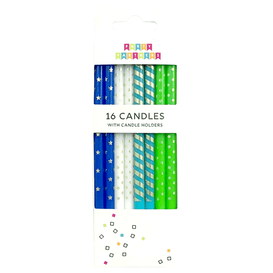 Set of blue-tone candles with gold pattern by Party Partners, featuring multiple candles in a decorative arrangement.