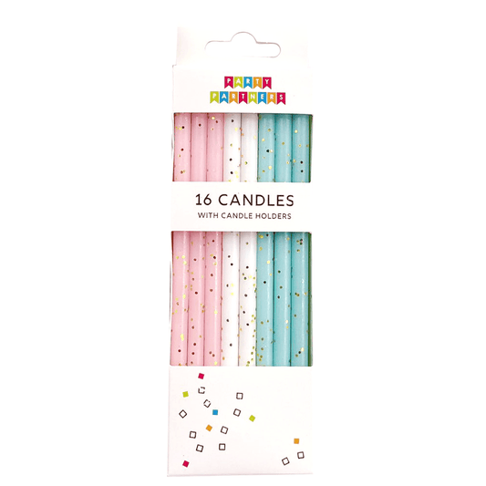 Set of 16 pastel rough glitter candles by Party Partners, featuring textured surfaces and soft pastel colors.
