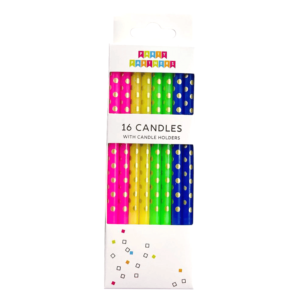 Party Partners 16-piece gold dotted rainbow candle set with colorful candles arranged in a vibrant rainbow pattern.