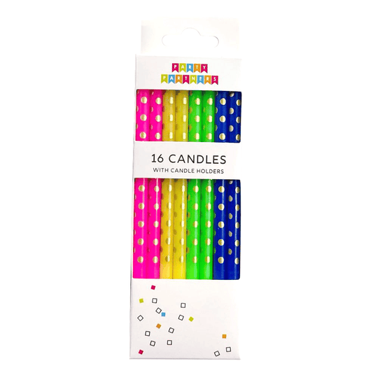 Set of 16 gold dotted rainbow candles from Party Partners, colorful wax candles arranged in a decorative display.