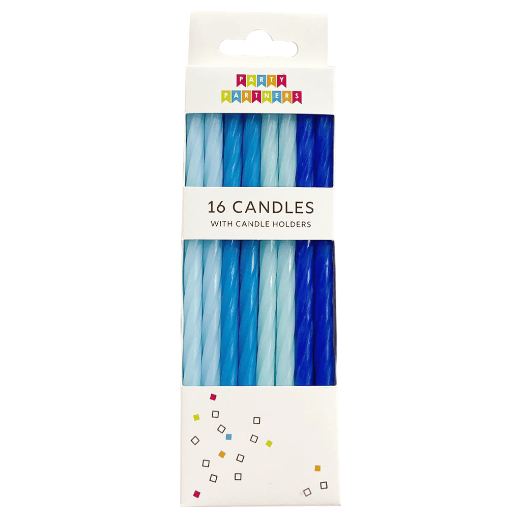 Blue spiral candles in a Party Partners candle set, featuring 16 decorative candles arranged in a visually appealing display.