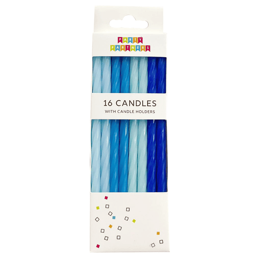 Set of 16 blue spiral candles from Party Partners, arranged in a decorative display for special occasions.