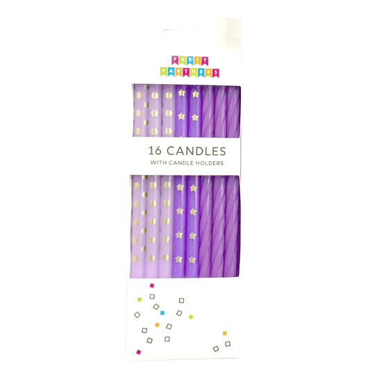 Set of 16 purple gradient candles from Party Partners, featuring tall, slender wax candles arranged in a decorative display.