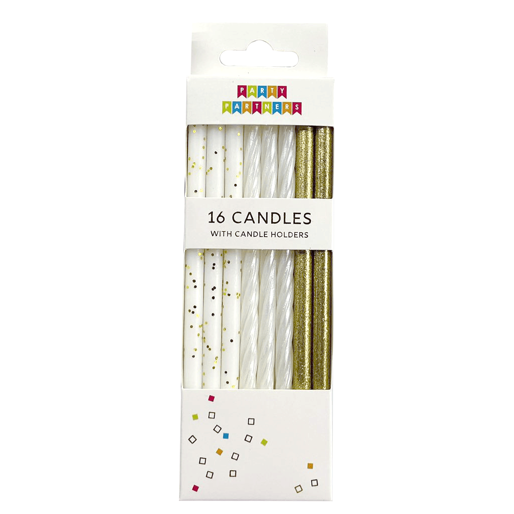 Set of 16 gold and white glitter candles from Cardmore, featuring elegant candle designs with shimmering accents.