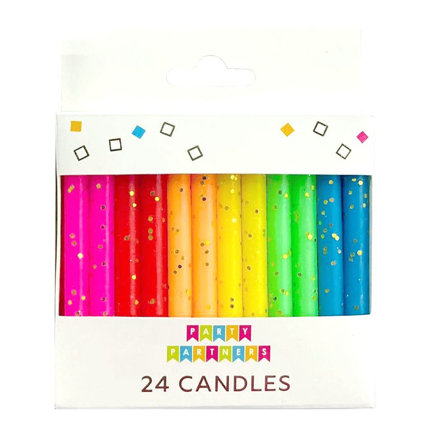Set of 24 rainbow glitter candles by Party Partners, colorful wax candles with shimmering glitter finish for celebrations.