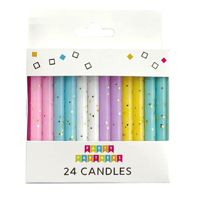 Set of 24 pastel rainbow candles from Party Partners, featuring colorful, decorative candles arranged in a vibrant display.
