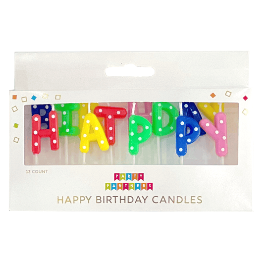 Colorful rainbow dotted birthday candle set by Party Partners, featuring vibrant candles perfect for celebrating special occasions.