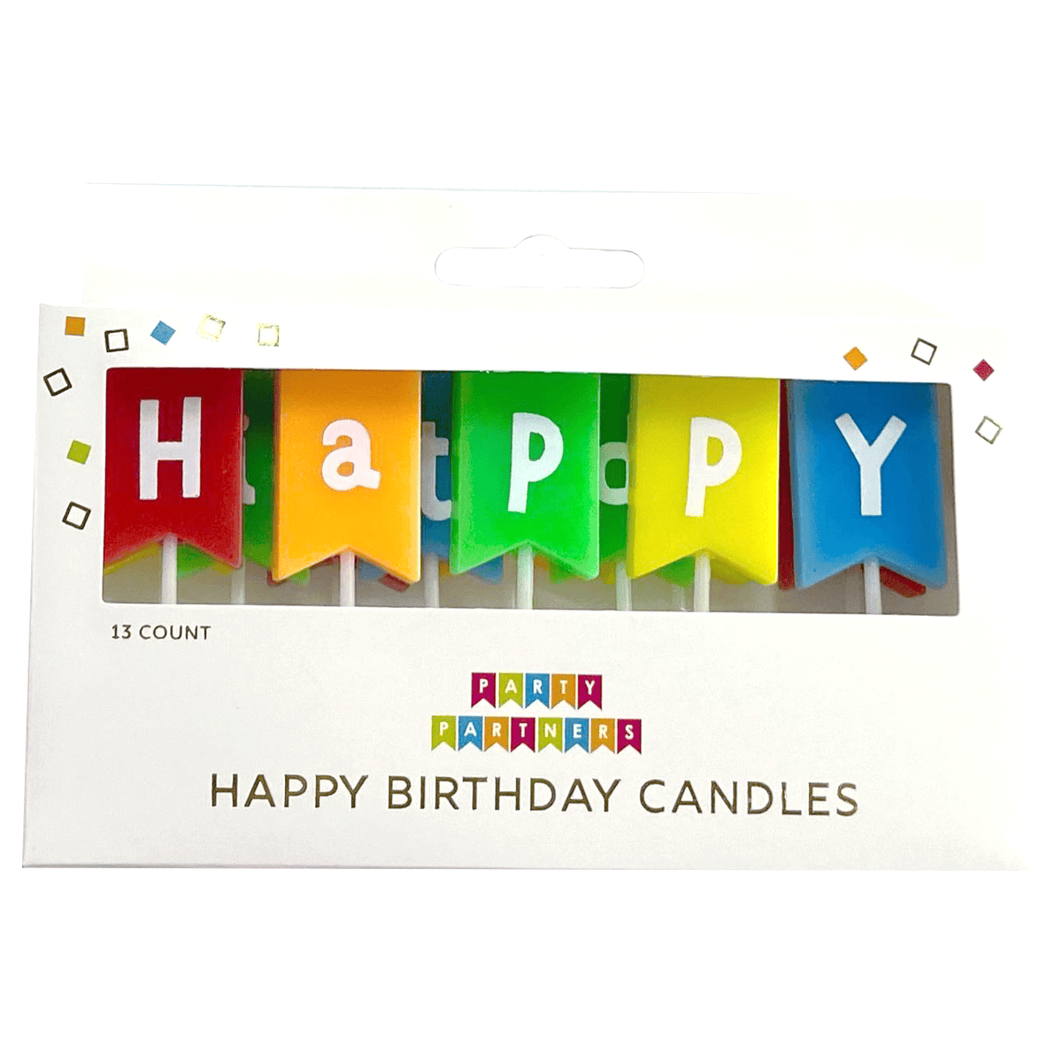 Colorful birthday candle set with rainbow banner from Party Partners, ideal for celebration decorations and cake adornments.