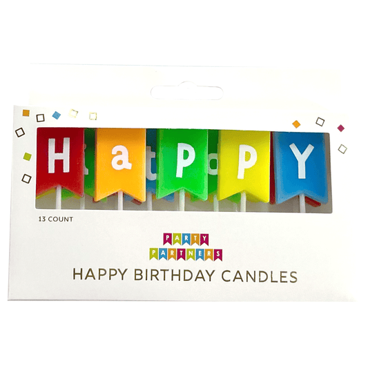 Colorful birthday candle set with rainbow banner from Party Partners, ideal for celebration decorations and cake adornments.