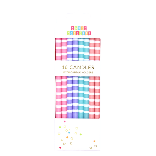 Set of 16 pastel white striped candles by Party Partners, featuring elegant, cylindrical design for decorative use.