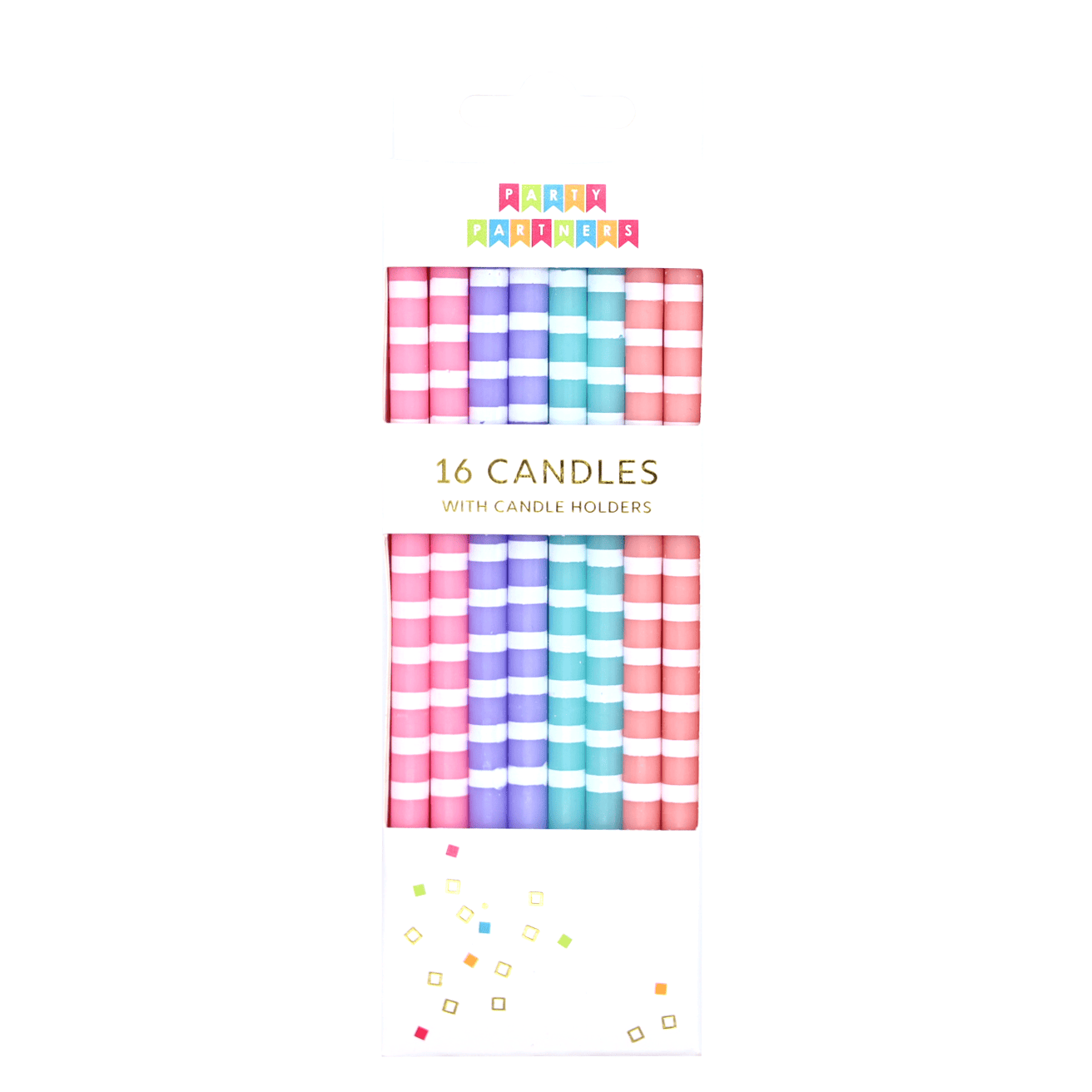 Set of 16 pastel white striped candles by Party Partners, featuring elegant, cylindrical design for decorative use.