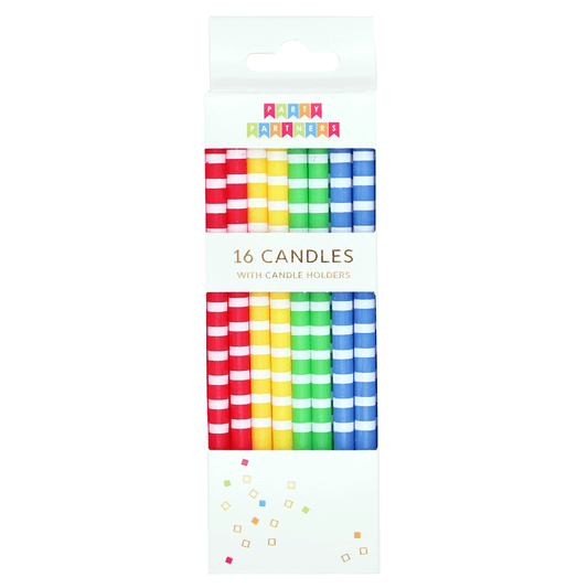 Colorful striped rainbow candle set from Party Partners, featuring 16 decorative candles arranged in vibrant rainbow stripes.