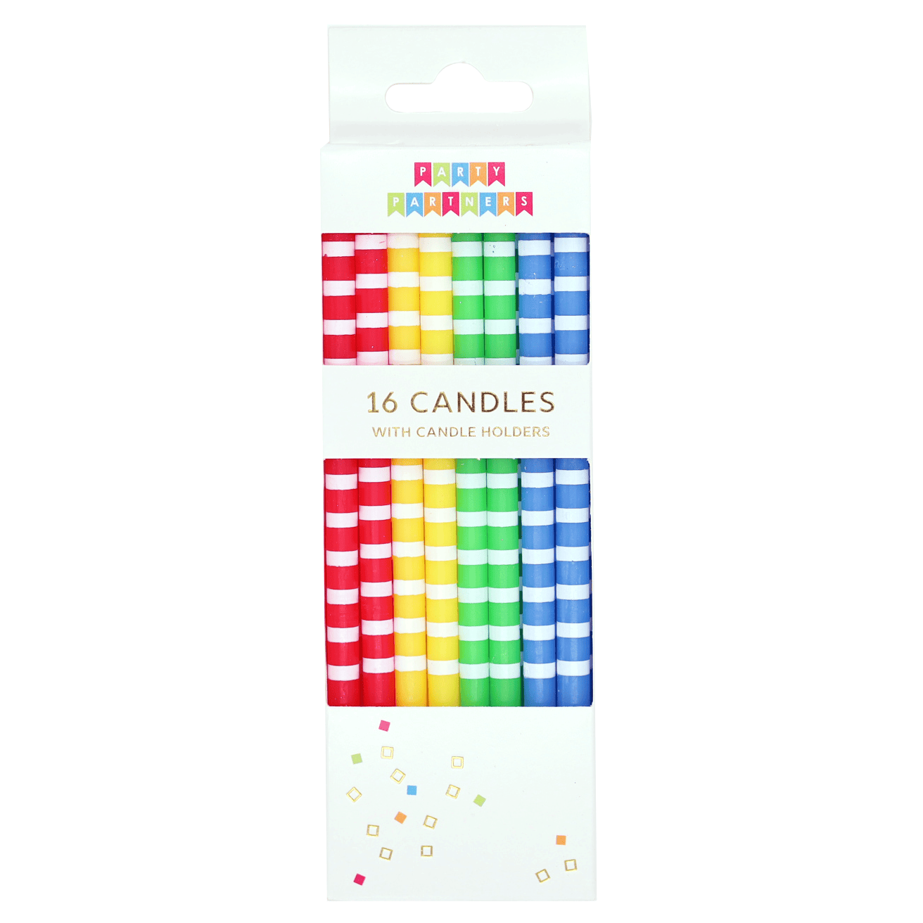 Colorful striped rainbow candle set from Party Partners, featuring 16 decorative candles arranged in vibrant rainbow stripes.