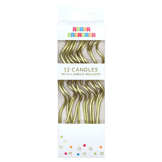 Set of 12 spiral gold candles from Party Partners, featuring elegant gold-colored candle design for special occasions.