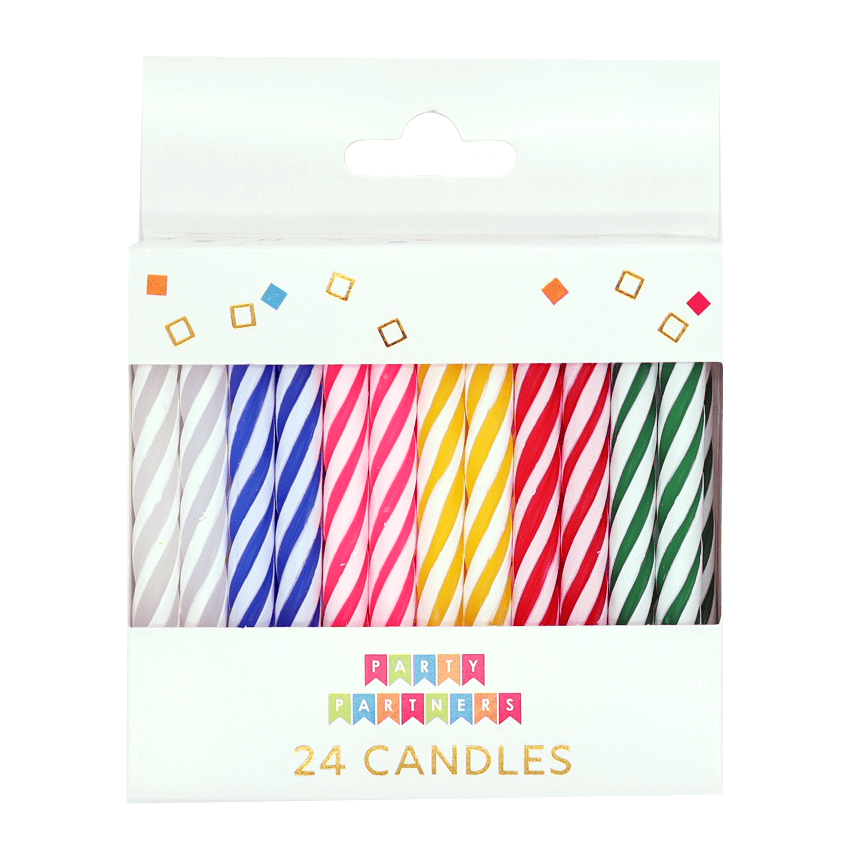 Colorful rainbow striped candle set from Cardmore, featuring 24 decorative candles for home decor or special occasions.