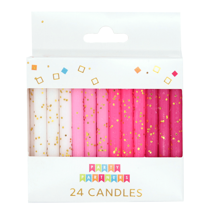 Set of 24 pink glitter candles from Party Partners, featuring shiny pink surfaces and elegant candle shapes.