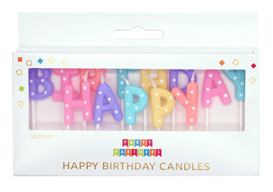 Set of pastel dotted birthday candles from Party Partners, featuring colorful designs perfect for celebrating with candles.