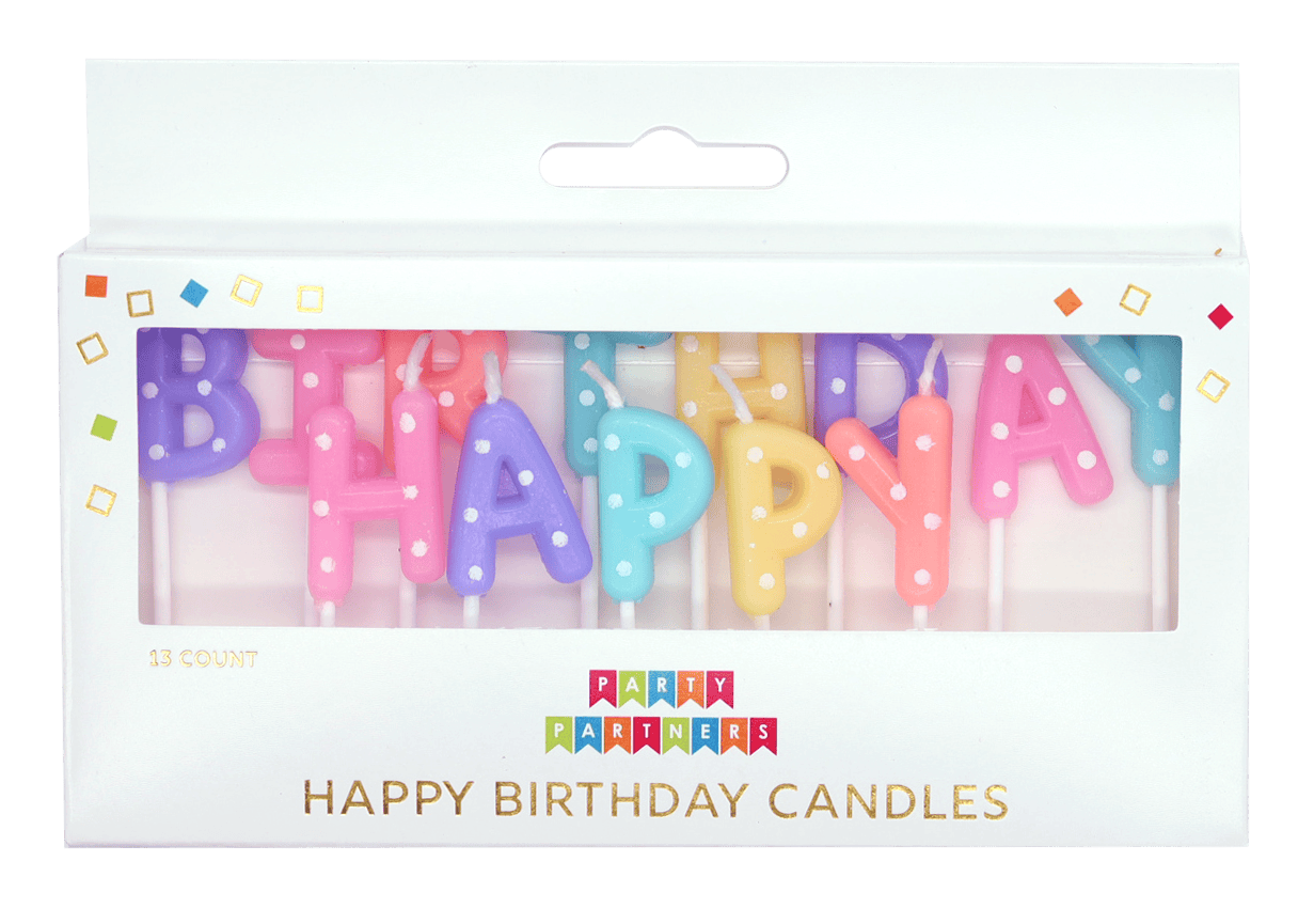 Set of pastel dotted birthday candles from Party Partners, featuring colorful designs perfect for celebrating with candles.