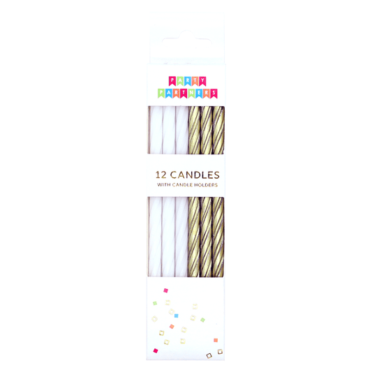Set of 12 gold metallic and white candles from Party Partners, perfect for decorating and creating a festive atmosphere.