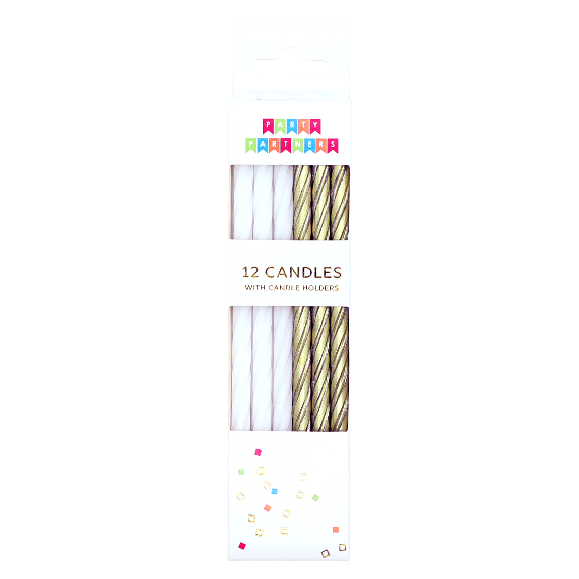 Set of 12 gold metallic and white candles from Party Partners, perfect for decorating and creating a festive atmosphere.