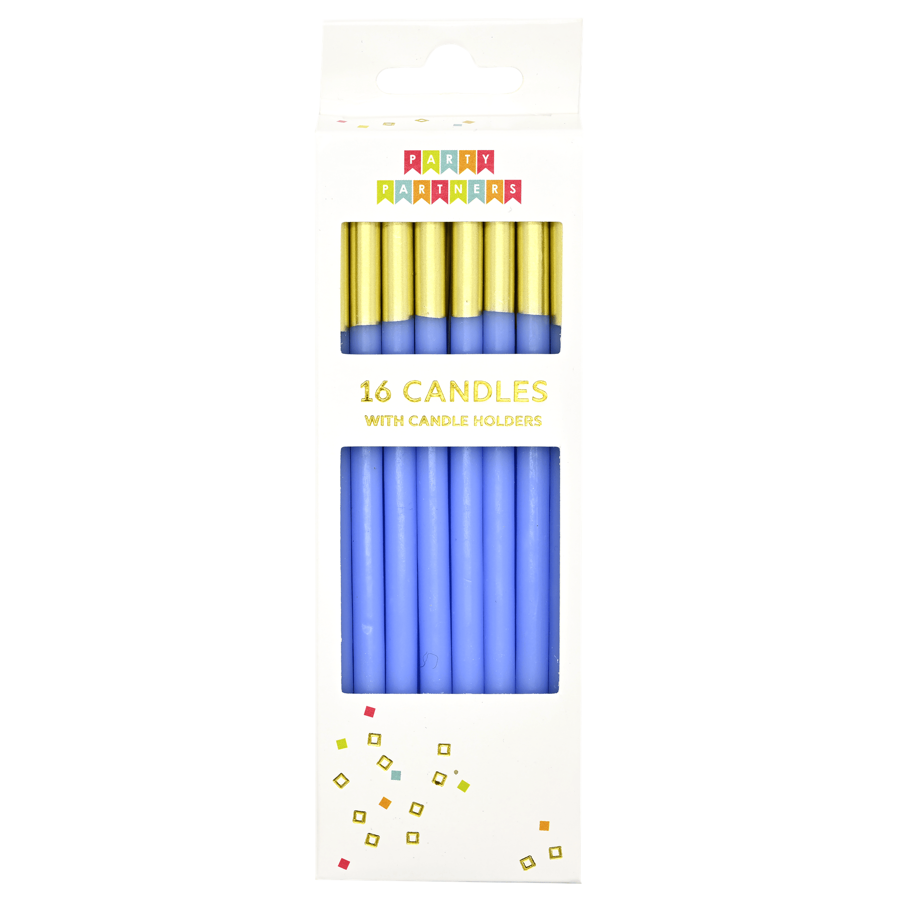 Set of 16 Pictura Top Blue Dipped candles arranged together, showcasing their blue dipped design and cylindrical shape.