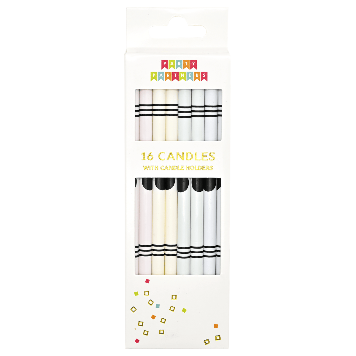 Set of 16 colorful crayon-shaped candles from KAM FAI CANDLES MFG CO LTD, arranged in a decorative display.