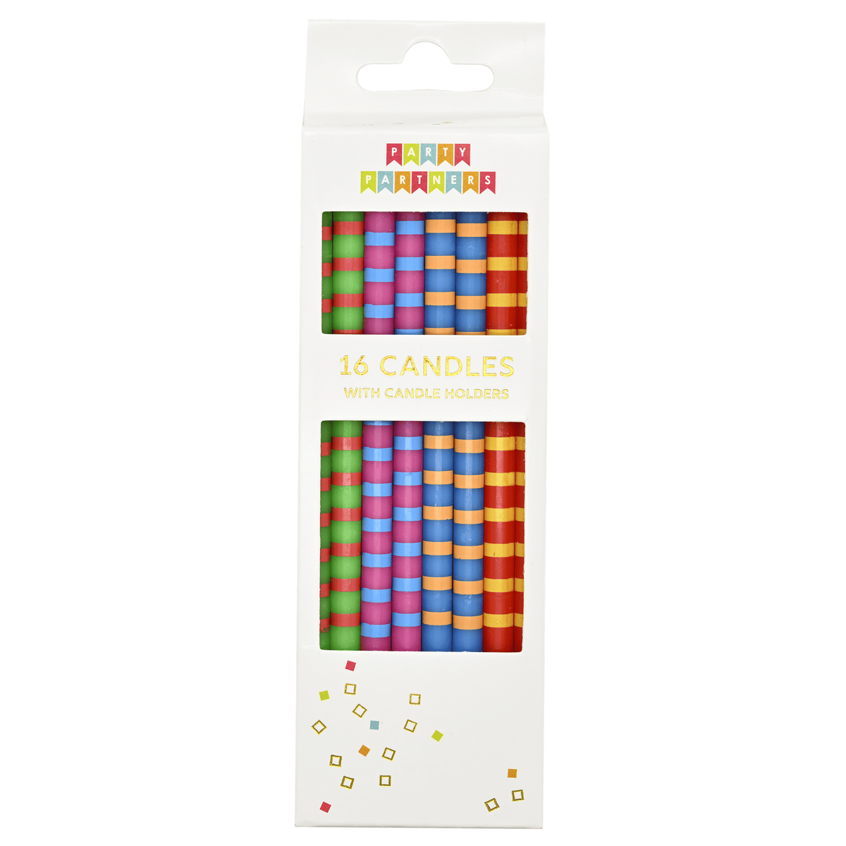 Striped rainbow candle set with 16 colorful candles from KAM FAI CANDLES MFG CO LTD arranged together.