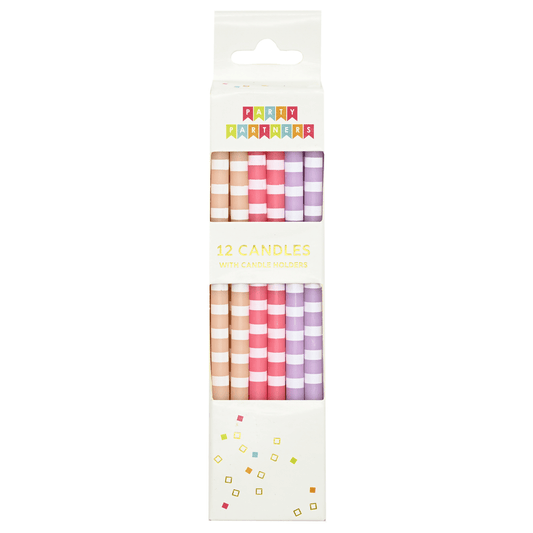 Set of 12 striped and polka dot candles from Party Partners, featuring colorful wax candles for decorative purposes.