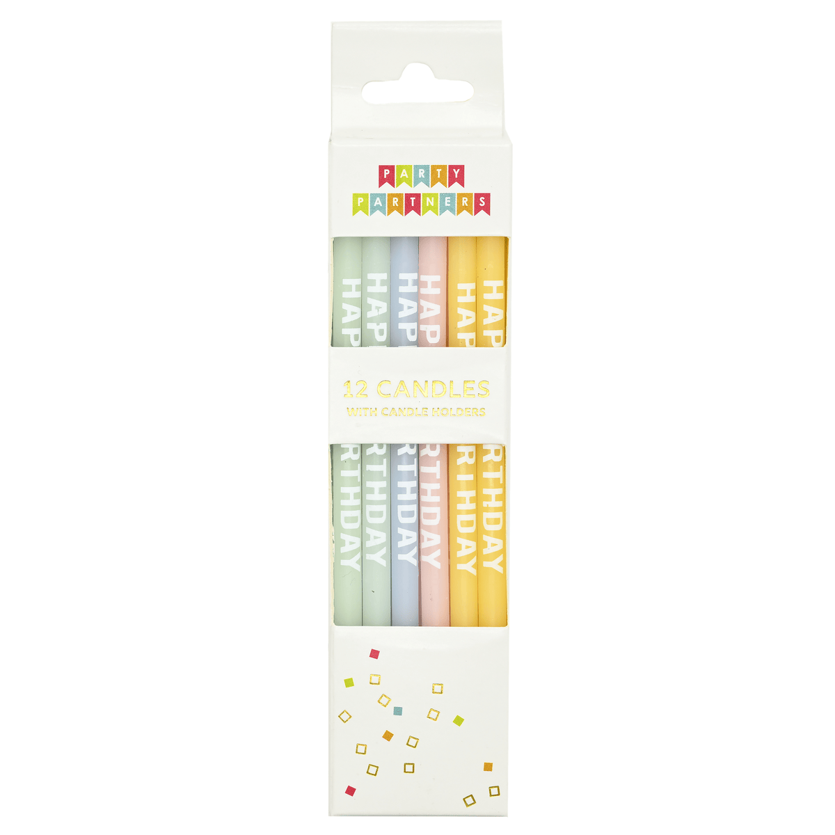 Set of 12 birthday candles from KAM FAI CANDLES MFG CO LTD, featuring colorful "Happy Birthday" candle designs.