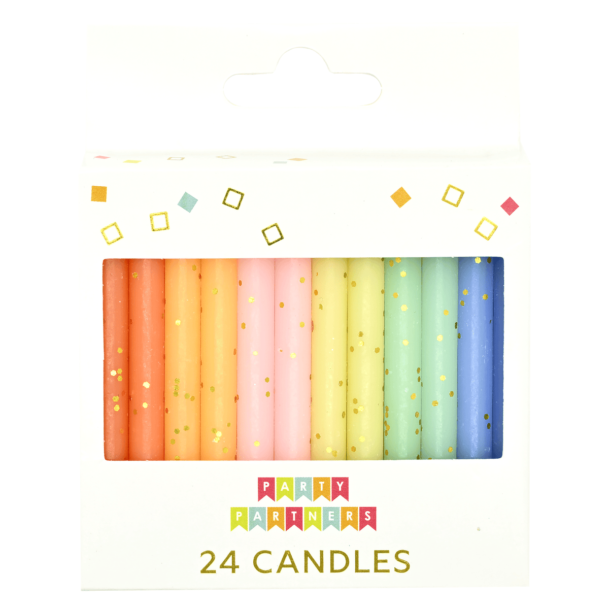 Rainbow glitter candle set with 24 colorful candles from KAM FAI CANDLES MFG CO LTD, arranged in a decorative display.