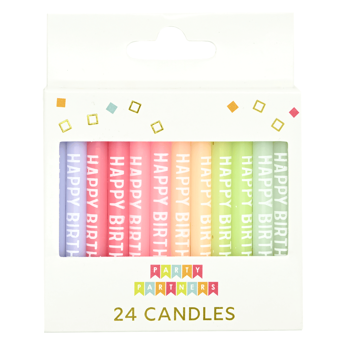 Pastel birthday candle set with 24 colorful candles from KAM FAI CANDLES MFG CO LTD, arranged in a decorative display.