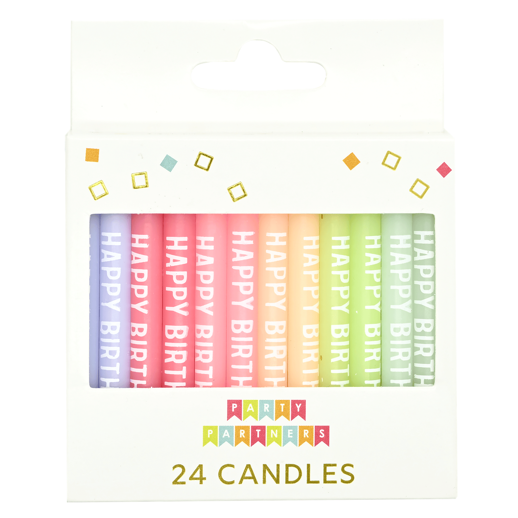 Pictura Happy Birthday pastel candle set with 24 colorful birthday candles arranged on a white background.