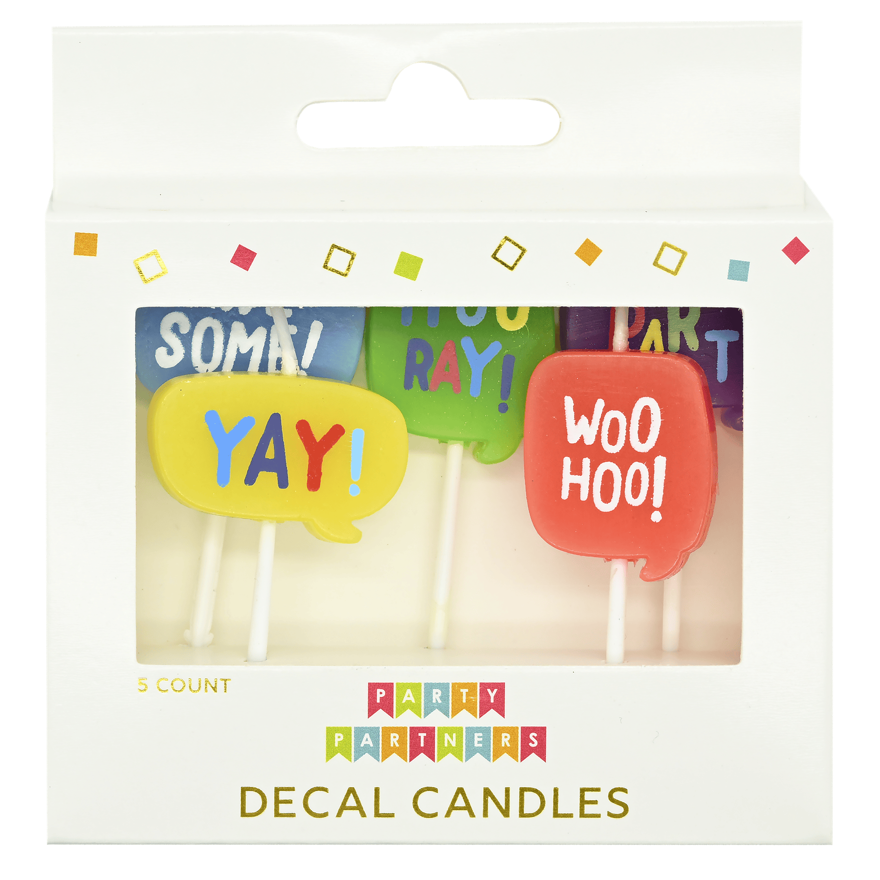 Set of Pictura candles with decorative decal words, featuring multiple white pillar candles arranged together.