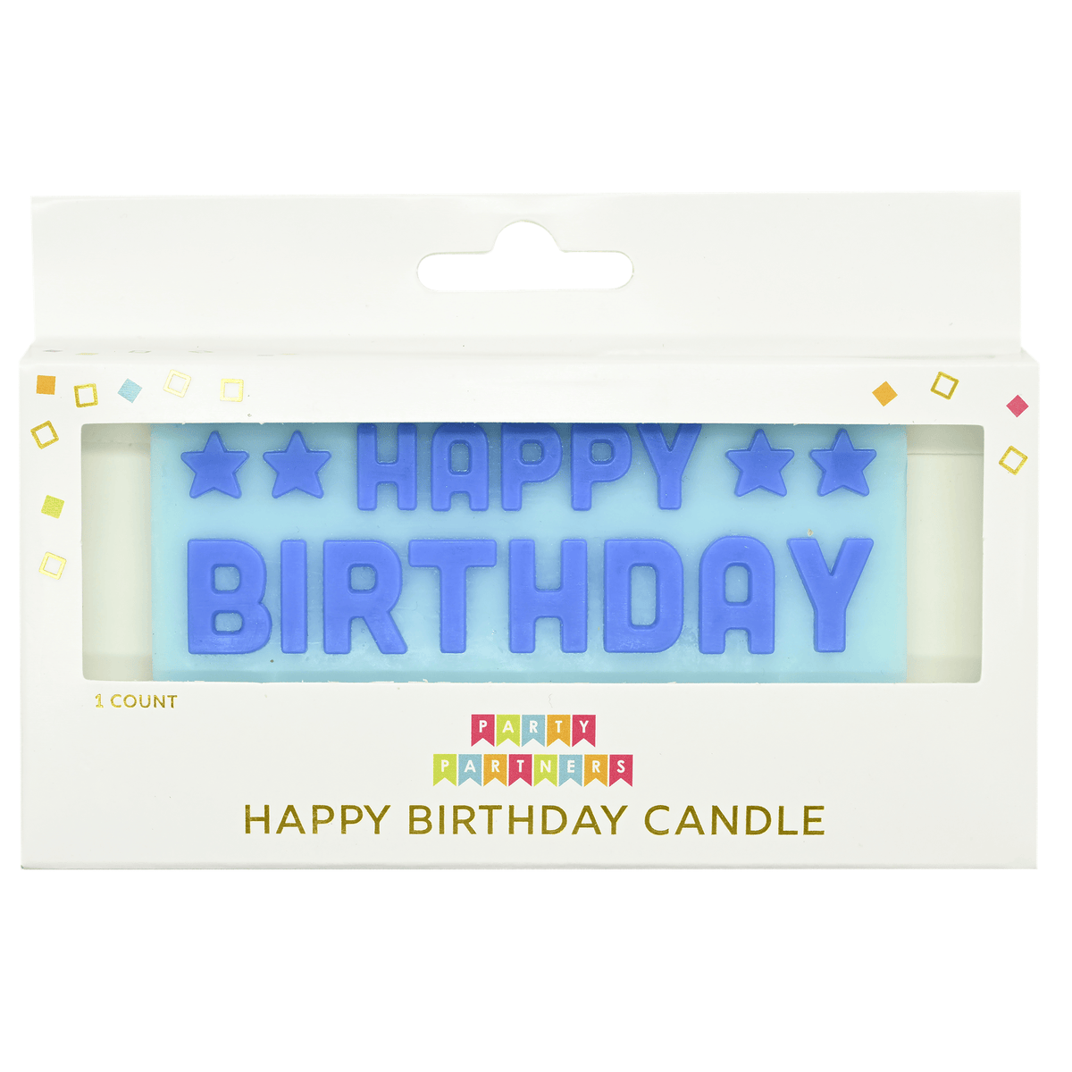 Blue birthday candles from Pictura in a block candle set, arranged in a festive display with flame tips.