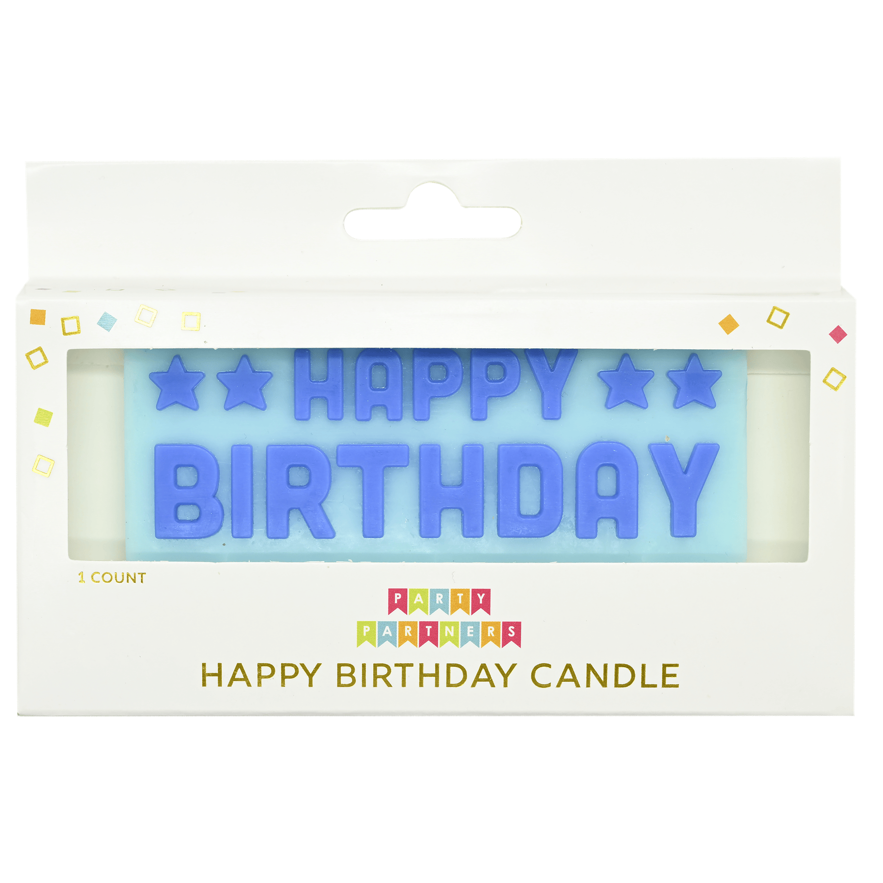 Blue birthday candles from Pictura in a block candle set, arranged in a festive display with flame tips.