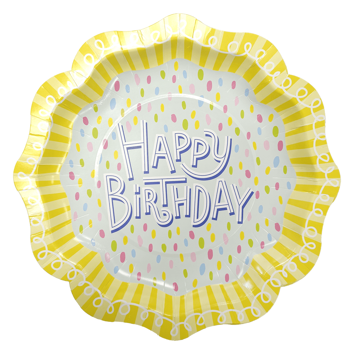 Set of JOYFUL LANDS CRAFT CO. Happy Birthday Dots dessert and salad plates featuring colorful dot patterns for celebration.