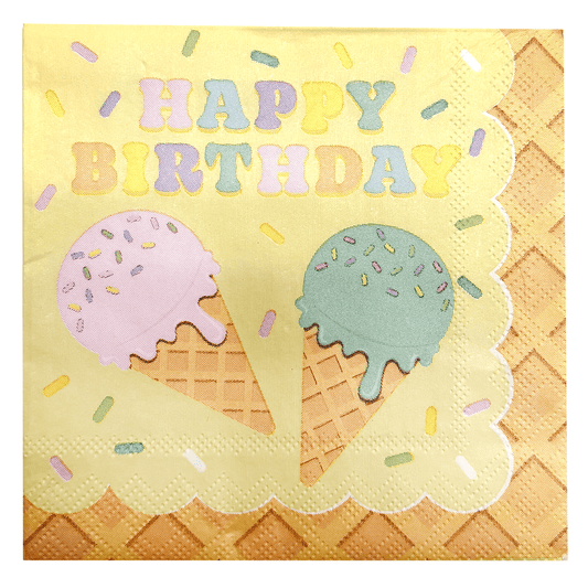 Happy Birthday ice cream-themed napkins by Party Partners, featuring colorful birthday cake and ice cream cone illustrations.