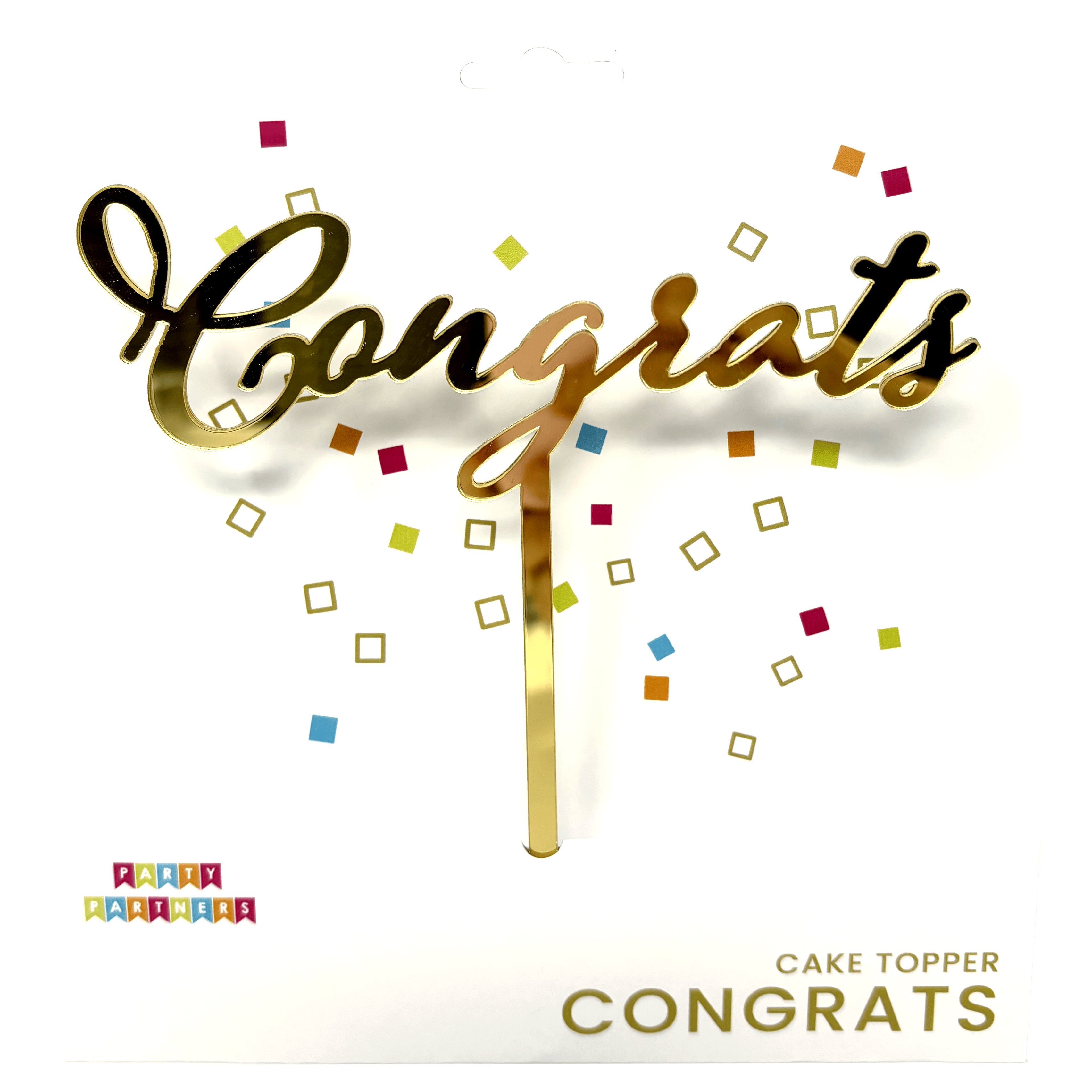 Gold "Congrats" cake topper from Party Partners with elegant script design, perfect for celebrating special occasions.