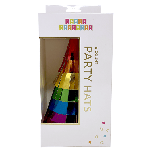 Colorful rainbow foil party hats with elastic bands, perfect for celebrations and festive events.